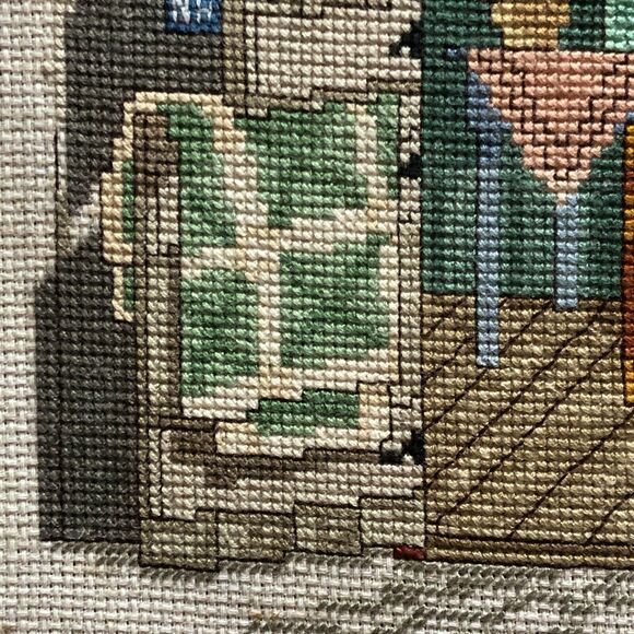 Needlepoint Picture Juells Antiques Shop Vtg Handmade 90 Unframed Cross Stitch - Picture 5 of 9